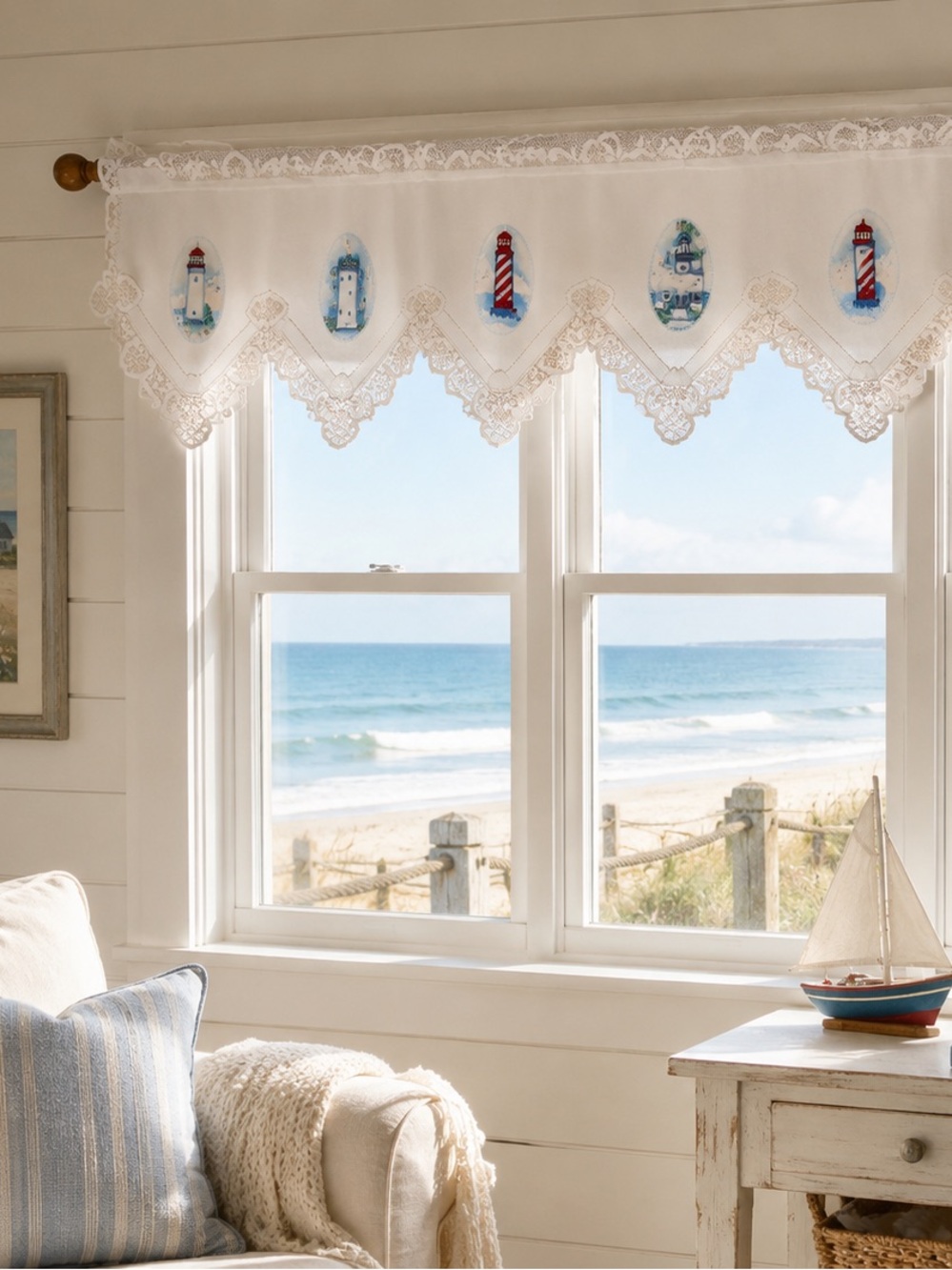 Lace Trim Nautical Valance Lighthouse Motif Set 2 White Blue coastal new england